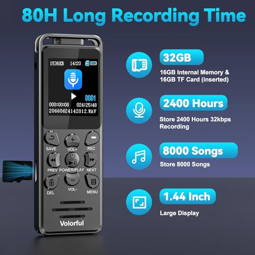 Digital Voice Recorder with Playback, Volorful 80H HD Recording Device | External Microphone, AI Noise Reduction, One Touch Recording/Lock, Voice Activated, Password, Lecture Meeting Interview Class