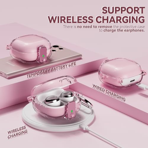 Inesore Case for Samsung Galaxy Buds FE/Buds 2/Pro/Live (Pink) | Safety Lock Design Prevents Loss, Clear Anti-Yellow PC Shell, 3-in-1 Cleaning Tool, Metal Clasp, Silicone Lanyard - color: A4-Pink+Bi