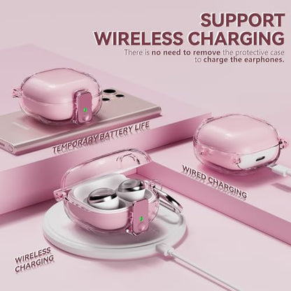 Inesore Case for Samsung Galaxy Buds FE/Buds 2/Pro/Live (Pink) | Safety Lock Design Prevents Loss, Clear Anti-Yellow PC Shell, 3-in-1 Cleaning Tool, Metal Clasp, Silicone Lanyard - color: A4-Pink+Bi