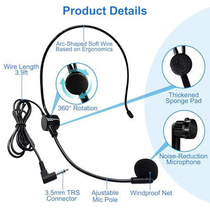 Kinizuxi Hands Free Microphone Headset Mic,Flexible Wired Boom for Voice Amplifier, 3.5mm Connector Jack Headset Microphone for Singing,Speaking,Teachers,Coaches,Presentations, Seniors and More | Hands-Free 3.5mm Wired Boom Headset Microphone for Singing,