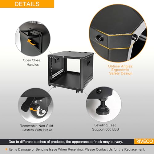 RIVECO 9U Network & Audio Rack with Feet & Wheels, Obtuse Angel Server Rack Cabinet, Rolling Studio Rack Case with Adjustable Depth Rails for 19" Stereo Recording & IT Equipment Mounting 1PCS - size: 9U