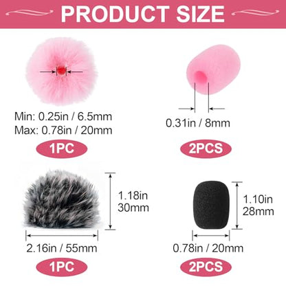 PAGOW 6Pcs Mini Foam Microphone Windscreens＆Furry Cover, Mic Headset Cover | Black Pink High Density Lapel Microphone Windscreen for Lavalier Microphones Noise Reduction (4pcs Foam + 2pcs Furry) - color: Black,Pink,Foam(4pcs),Furry(2pcs)