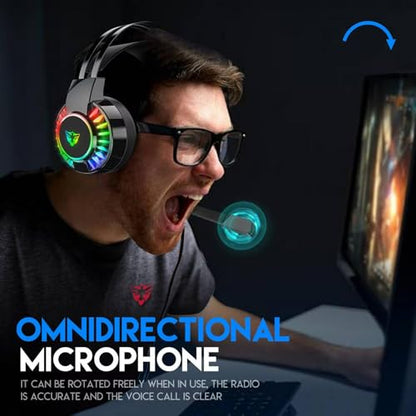 Wired Gaming Headset for PS4 PC Xbox One PS5 Controller, Noise Cancelling Over Ear Headphones with Mic, 7 Color LED Light, 7.1 Surround Sound, Soft Memory Earmuffs for Nintendo Xbox Series(Black)