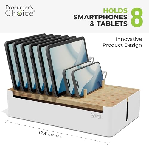 Prosumers Choice Bamboo Charging Station - Multi Charger Station Organizer - Desk Docking Station for Phones, Tablets, Laptop - Wooden Charging Station with Removable Dividers - Cables Not Included - color: Metal & Bamboo White