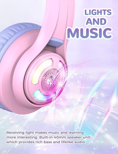 iClever BTH13 Kids Bluetooth Headphones for Girls, LED Cat Ear Travel Gift | SafeSound Tech, 50H Playtime, USB C Charging, AUX Cable, Stereo Sound, Kids Headphones Wireless with Mic for Tablet, Purple - color: Light Purple