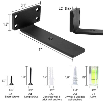 HITOMEN Heavy Duty Floating Shelf Brackets, 6-Inch (1/5'' Thick) Hidden Shelves Hardware, Iron L Brackets, Rustic Industrial Black Metal Wall Shelving Supports, 8 Pack - size: 6 Inch, style: 8 Pack