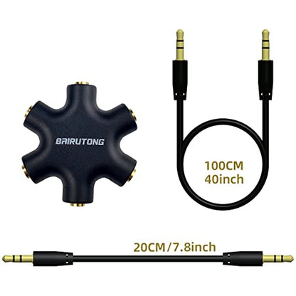 5-Jack Multi Headphone Audio Splitter With 3.5mm Stereo Cable 20cm & 100cm, 5-Pack