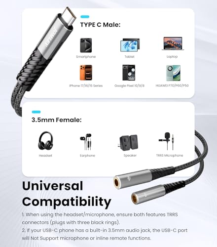 USB C to Dual 3.5mm Female Headphone Splitter 20CM, Type C to Dual 3.5mm TRRS Female Headphone Jack Audio Adapter for iPhone 17/16 Pro Max, Samsung Galaxy S25/S24 Ultra, Google Pixel 3/3XL/4