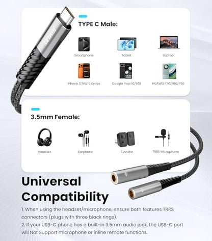 USB C to Dual 3.5mm Female Headphone Splitter 20CM, Type C to Dual 3.5mm TRRS Female Headphone Jack Audio Adapter for iPhone 17/16 Pro Max, Samsung Galaxy S25/S24 Ultra, Google Pixel 3/3XL/4