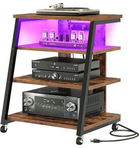CHOEZON 4-Tier AV Media Stand with Wheels, Stereo Stands, Media Console Shelf with Power Strips, LED Lights, Wooden Audio Cabinet Rack Tower, Rustic Brown and Black TCJ60UDBF