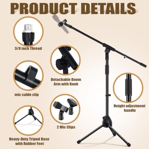 Tellegloww 2 Pcs Microphone Stand Tripod Boom Arm Podium Studio Mic Stand Adjustable Height 75 Inches, Microphone Arm to 27 Inches Comes with 3/8 Inch and 5/8 Inch Mount Adapters