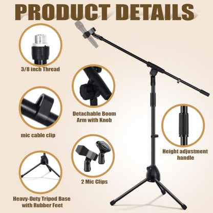 Tellegloww 2 Pcs Microphone Stand Tripod Boom Arm Podium Studio Mic Stand Adjustable Height 75 Inches, Microphone Arm to 27 Inches Comes with 3/8 Inch and 5/8 Inch Mount Adapters