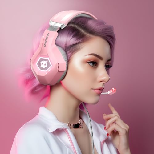 Ozeino Gaming Headset for PC, Ps4, Ps5, Xbox Headset with 7.1 Surround Sound, Gaming Headphones with Noise Cancelling Mic RGB Light Over Ear Headphones for Xbox Series X/S, Switch-Pink - color: Pink