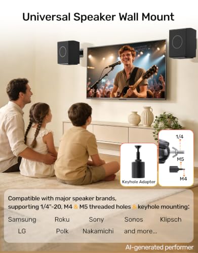 Universal Rear Speaker Wall Mount with Keyhole and 1/4"-20 4mm & 5mm Thread, 11 lbs Capacity, Surround Sound Satellite Speaker Ceiling Bracket for Samsung Q990D, Q990F, Roku, Sony , 360° Adjustable - color: Black