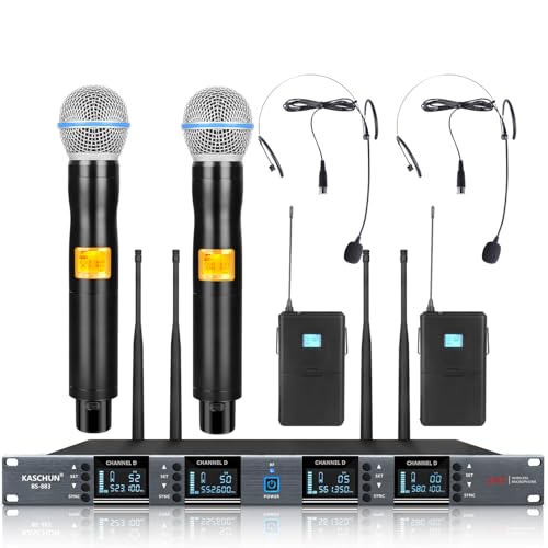 Wireless Microphone System, 4-Channel UHF Wireless Mic Set with 2 Handheld Mics, 2 Bodypack Mics, 328Ft Range, 4x60 Frequencies, Metal Cordless Microphone for Singing, Church, Karaoke