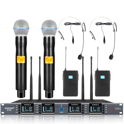Wireless Microphone System, 4-Channel UHF Wireless Mic Set with 2 Handheld Mics, 2 Bodypack Mics, 328Ft Range, 4x60 Frequencies, Metal Cordless Microphone for Singing, Church, Karaoke