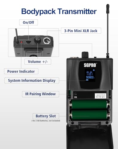 SGPRO D-332HB Dual UHF Wireless Microphone System, Handheld and Bodypack | Handheld, head-worn and lavalier mics, Karaoke, DJ, church, classroom, live performance and PA systems