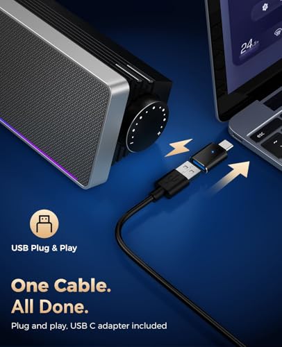 Kunodi Computer Speakers for Desktop PC, HiFi Stereo PC Speakers with Volume Knob, Colorful Lights, Plug & Play Wired USB/USB-C Powered for Desktop, Computer, Laptop