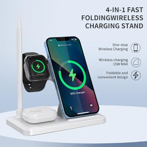 Wireless Charging Station Charger Stand - 4 in 1 Wireless Charger 15W Fast Charging Stand for iPhone 8-16 Series, for iWatch 2-10 Series/Ultra/SE, for AirPods4/3/2/Pro, for Apple Pencil 1st Generation
