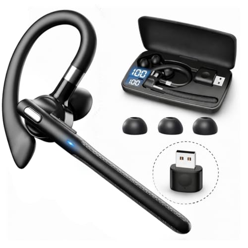 Bluetooth Wireless Earpiece with USB Adapter for PC, Dual-Mic Noise Reduction, 500mAh Charging Case, Bluetooth 6.1 Stable Connection, LED Battery Display, Voice Assistant