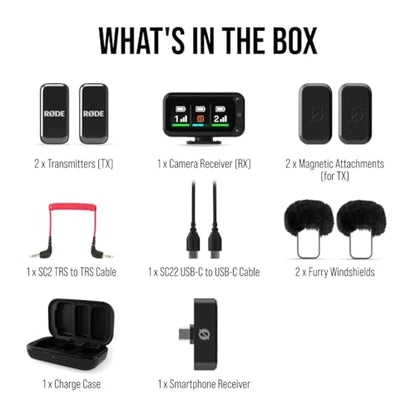 RØDE Wireless Micro - Compact Wireless Microphone Camera Kit, Two Mics with Camera Receiver, Smartphone Receiver, and Charge Case for Content Creation - USB-C, Black | 2.4 GHz digital signal with GainAssist and charging case for cameras, smartphones and c