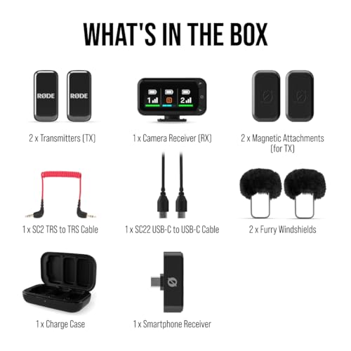 RØDE Wireless Micro - Compact Wireless Microphone Camera Kit, Two Mics with Camera Receiver, Smartphone Receiver, and Charge Case for Content Creation - USB-C, Black | 2.4 GHz digital signal with GainAssist and charging case for cameras, smartphones and c