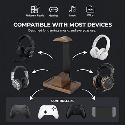 Headphone Stand with Gaming Controller Holder, Solid Walnut Wood Headset Holder Non-Slip Storage Tray Base Gaming Desk Accessories for Room Decor Gift For Gamers