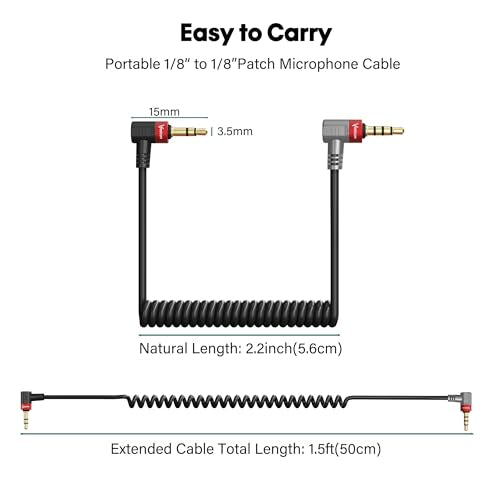 1 Pack Coiled Retractable 3.5mm 1/8 Aux TRS to 4 Pole TRRS Microphone Audio Patch Cable 20 Inch,90 Degree Angled Headphone Adapter Cord for Rode SC7,VideoMic, VideoMicro Go, BOYA & More External Mic
