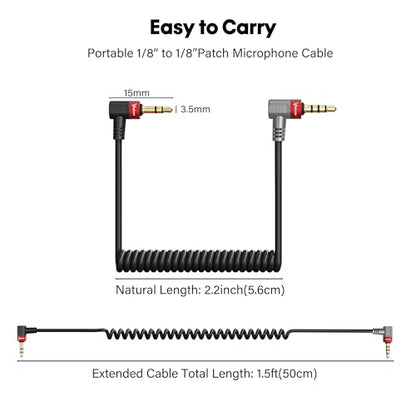 1 Pack Coiled Retractable 3.5mm 1/8 Aux TRS to 4 Pole TRRS Microphone Audio Patch Cable 20 Inch,90 Degree Angled Headphone Adapter Cord for Rode SC7,VideoMic, VideoMicro Go, BOYA & More External Mic