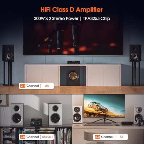 Douk Audio A5 2 Channel TPA3255 Stereo Amp, 300 Watts x2 Mini Hi-Fi Audio Power Amplifier Class D for Home Theater System, Passive Bookshelf Tower Speakers with High-Pass Filter + 32V Power Supply