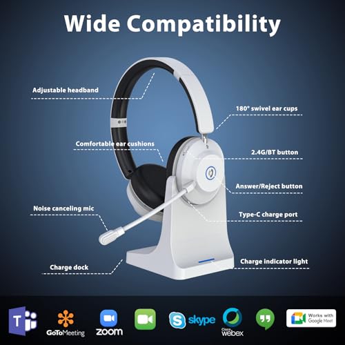 Bluetooth Headset with Microphone, Wireless Headset AI Noise Cancelling | Computer Headphone for Clear Call＆Meeting 47H Work, Dual-Mode Bluetooth 6.0 & 2.4GHz Dongle, Office/PC/Phone/Teams