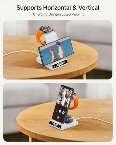 Wireless Charger for Samsung S26 Ultra, Galaxy Watch 9/Ultra 2/8/Buds4 Pro | for Samsung S26+/S25 Ultra/S25/Z Flip8/S24/S23/S22, Galaxy Watch 8/Ultra/7/6/5, Galaxy Buds4 Pro, Space-saving, LED Clock - color: White