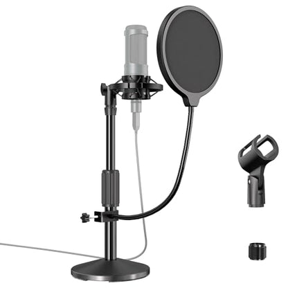 Desktop Microphone Stand,Adjustable Height Mic Stand with Pop Filter Shock Mount Mic Clip 3/8" to 5/8" Adapter,Compatible with AT2020|AT2035|AT2040|QuadCast S|Razer Seiren X| Blue Snowball |Shure