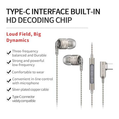 SoundMAGIC E80D Digital USB C Headphones - Type C Wired Earbuds with Microphone HiFi Stereo Earphones Powerful Bass Noise Isolating Compatible with Android Device, Gunmetal | Crystal call clarity, High-res decoder chip, Deep bass, Effective noise isolatio