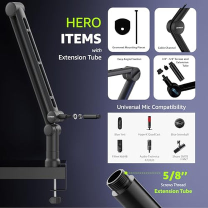 IXTECH Boom Arm Mic Stand with Extension Tube Upgraded Microphone Arm for Shure SM7B MV7 Blue Yeti Sturdy Stainless Steel Mic Arm Desk Stand Foldable Scissor Arm Microphone Mount for Podcast Gaming - color: With Extension Tube