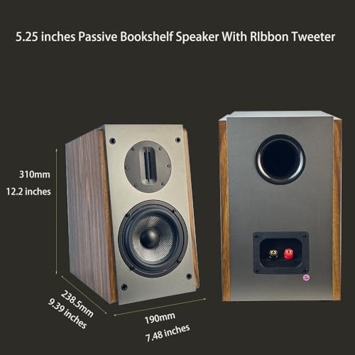 Passive Bookshelf Speakers, 2-Way Passive Speakers, 5.25" Woofer & 4" Ribbon Tweeter, 60Hz Bass for Home/Office/Theater Pair (Needs Amplifier or Receiver to Operate) - color: Brown