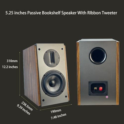 Passive Bookshelf Speakers, 2-Way Passive Speakers, 5.25" Woofer & 4" Ribbon Tweeter, 60Hz Bass for Home/Office/Theater Pair (Needs Amplifier or Receiver to Operate) - color: Brown