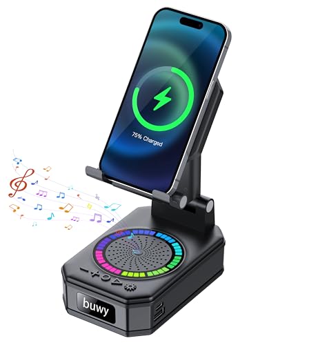 Birthday Gifts for Men Women Teens, Wireless Charger Phone Stand with Bluetooth Speaker, Phone Charger Stand with LED Lights, Anti-Slip Base Adjustable for iOS Android Father's Day Best Gifts - color: Matte Black