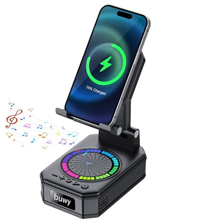 Birthday Gifts for Men Women Teens, Wireless Charger Phone Stand with Bluetooth Speaker, Phone Charger Stand with LED Lights, Anti-Slip Base Adjustable for iOS Android Father's Day Best Gifts - color: Matte Black