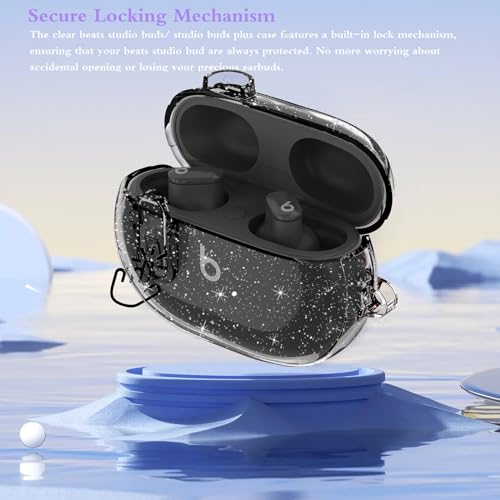 Beats Studio Buds/Studio Buds Plus Case Cover Clear 2021/2023 Men Lock Clip with Cleaner Kit, GARTOO Protective Case for Women Girls Kids Black Glitter - color: Black Glitter