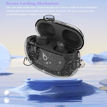 Beats Studio Buds/Studio Buds Plus Case Cover Clear 2021/2023 Men Lock Clip with Cleaner Kit, GARTOO Protective Case for Women Girls Kids Black Glitter - color: Black Glitter
