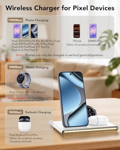 3 in 1 Wireless Charging Station with Night Light for Google Pixel Watch 4 | Google Wireless Charger for Pixel 10, Travel Nightstand Dock, Pixel Watch Phone Charger Stand(Only for Google Watch 4) - color: White