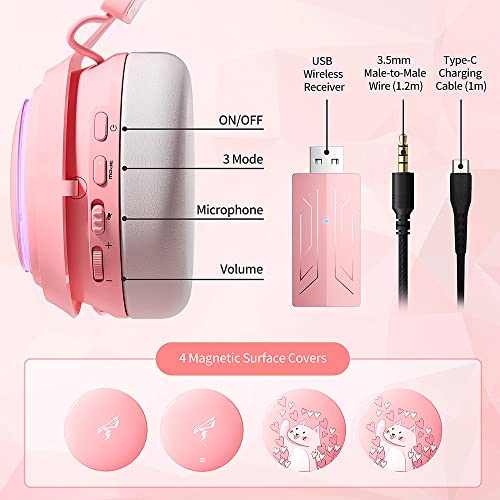 SOMIC Cat Ear Headphones, 2.4G/Bluetooth Wireless Gaming Headset for PS5, PS4, PC with RGB Lights and Retractable Mic, 10Hrs Playtime, 7.1 Surround Sound for Laptop, Smartphone-GS510 Pro - Pink - size: 2.4G+Bluetooth+Wired