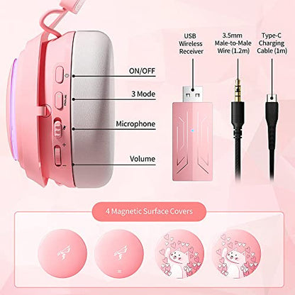 SOMIC Cat Ear Headphones, 2.4G/Bluetooth Wireless Gaming Headset for PS5, PS4, PC with RGB Lights and Retractable Mic, 10Hrs Playtime, 7.1 Surround Sound for Laptop, Smartphone-GS510 Pro - Pink - size: 2.4G+Bluetooth+Wired