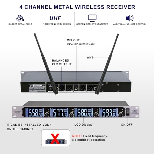 LyricLoom Professional 4 Channel Wireless Microphone System, Metal Handheld Dynamic UHF Wireless Mics Set 4 Pack, Vocal Cordless Microphnes for Singing and Dj,Karaoke,Speaker,chrush,Long Range 300ft