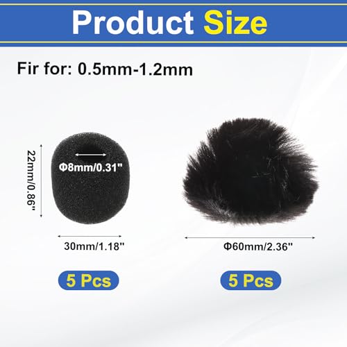 MECCANIXITY Microphone Cover Mini Furry Windscreen Foam Mic Sponge 8mm with Black Cap for 0.5 to 1.2mm Microphone 1 Set - color: Black, size: 8mm