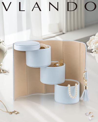 VLANDO Travel Jewelry Organizer, 3 Tier Roll Up Design, Hard Shell Storage | Stepped Sections Compartments Keep Jewelry Visible, Soft Lining Protect Pieces, Snap Closure, Travel Gift for Women Girl - color: Light Blue