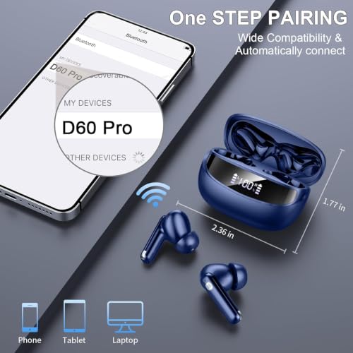 Wireless Earbuds, Bluetooth 5.4 Headphones, 4 ENC Mics, In-Ear Earphones | Deep Bass Stereo, 40H Playtime, LED Display, Mini Charging Case, Ear Buds, IP7 Waterproof, Wireless Headphones, Android, iOS - color: Dark Blue