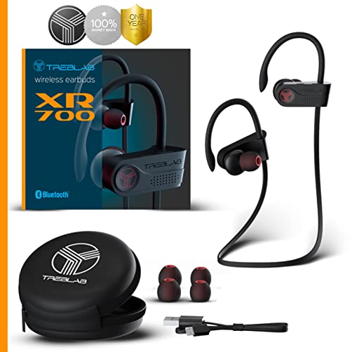 TREBLAB XR700 Wireless Earbuds - Bluetooth 5.0, IPX7 Waterproof | Noise Cancelling, Adjustable Earhooks, 9H Battery, Deep Bass, Mic - Sports Running Headphones for Workouts, Gym, Travel