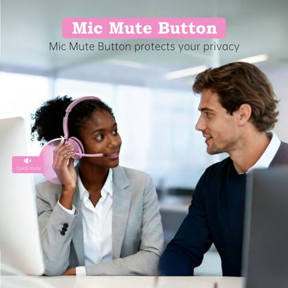 Bluetooth Wireless Headset with Mic for Work, Advanced Noise Reduction Microphone, Clear Calls - Comfortable On-Ear Headphones, Bluetooth 5.3, Applicable to Laptop, PC, Zoom, Office(Pink) - color: Pink